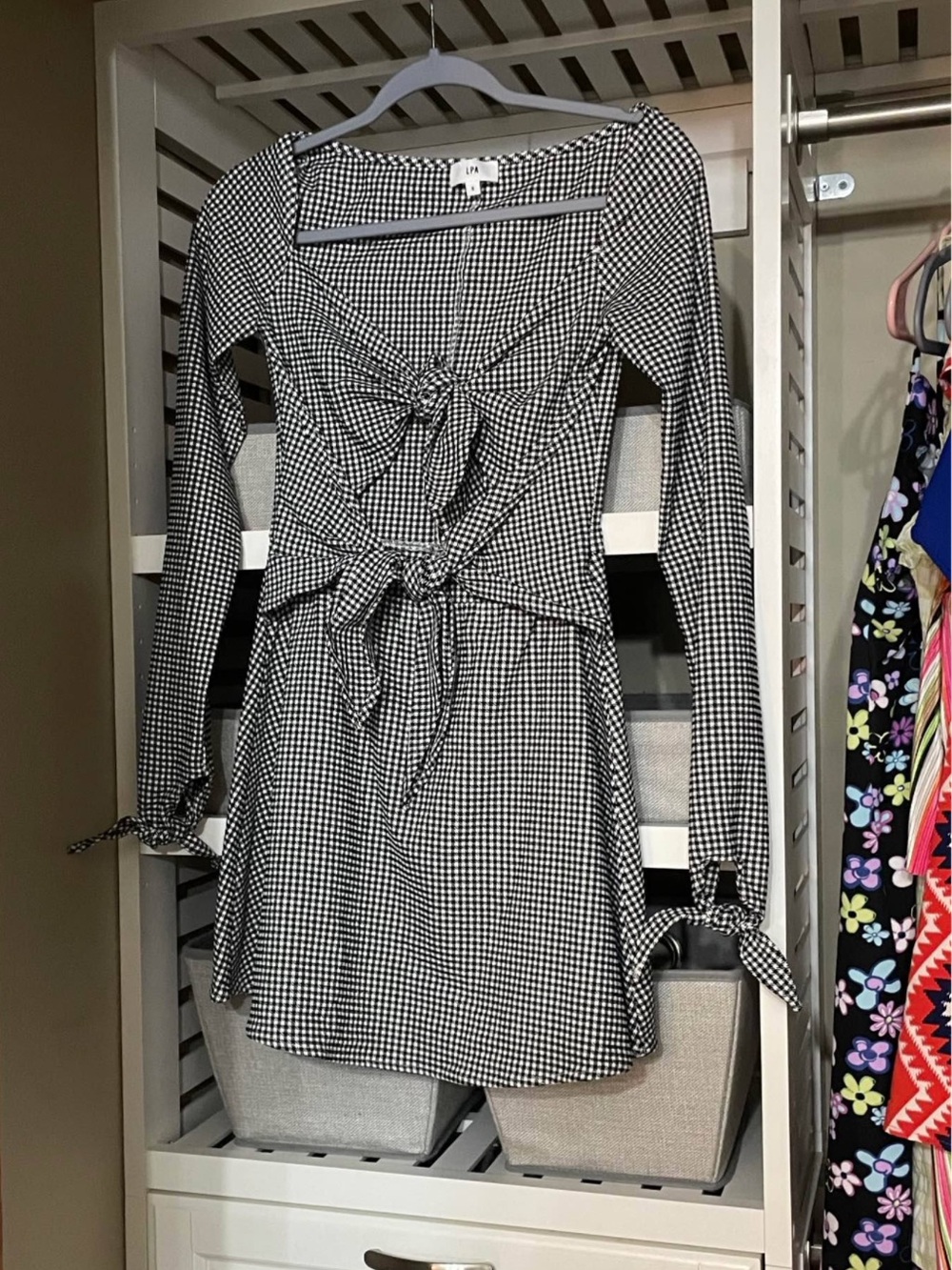 LPA Black & White Gingham Tie-Front Long Sleeve Dress